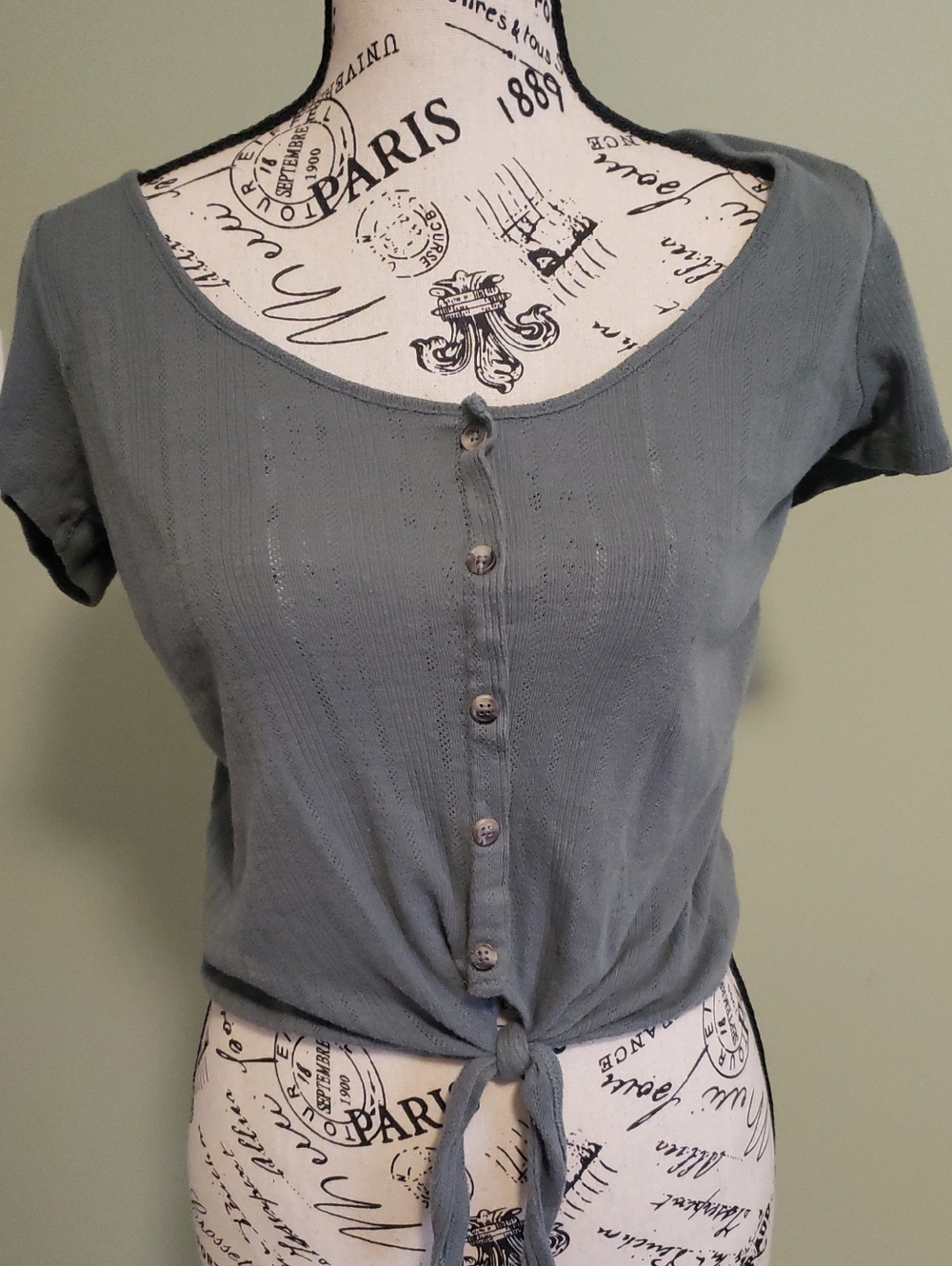 AE Short-Sleeve Button-Front Tie Hem Top - Slate Green
